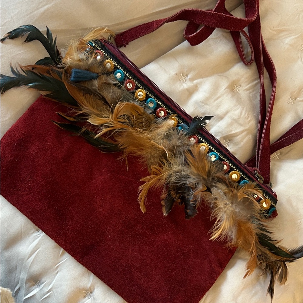 Elegant Feather-Embellished Burgundy Bag